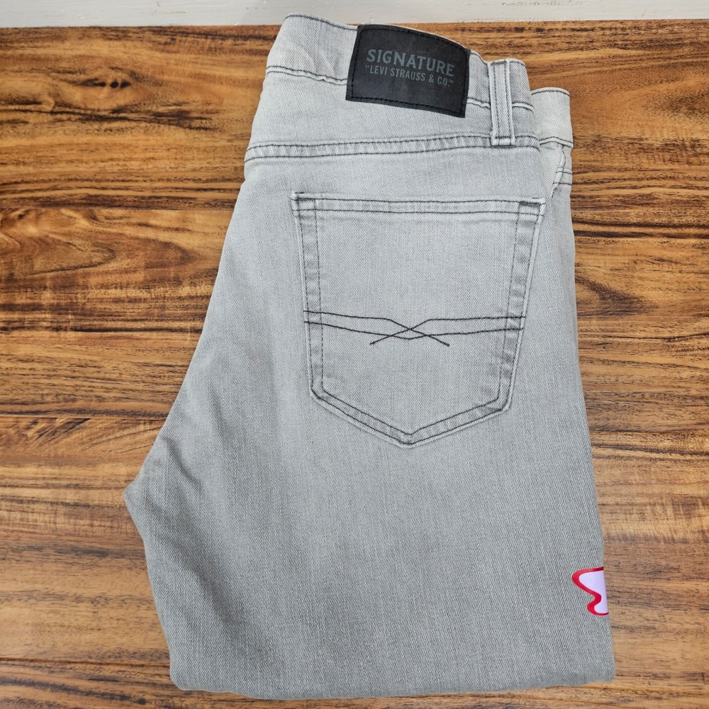 Signature Levi Strauss & Co Mens Grey Custom Graphic Jeans Streetwear 32x34